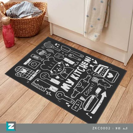 فرش آشپزخانه با طرح سیاه و سفید لوازم کاربردی