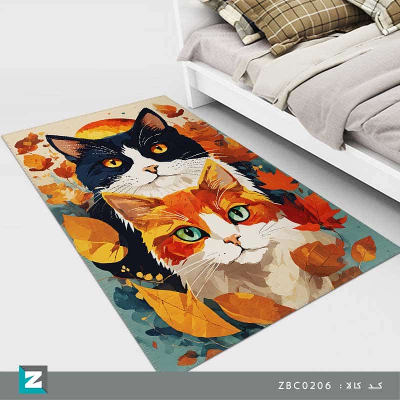 فرش ارزان اتاق خواب بزرگسال و کودک با طرح زیبای دو گربه در گروه رنگی متنوع