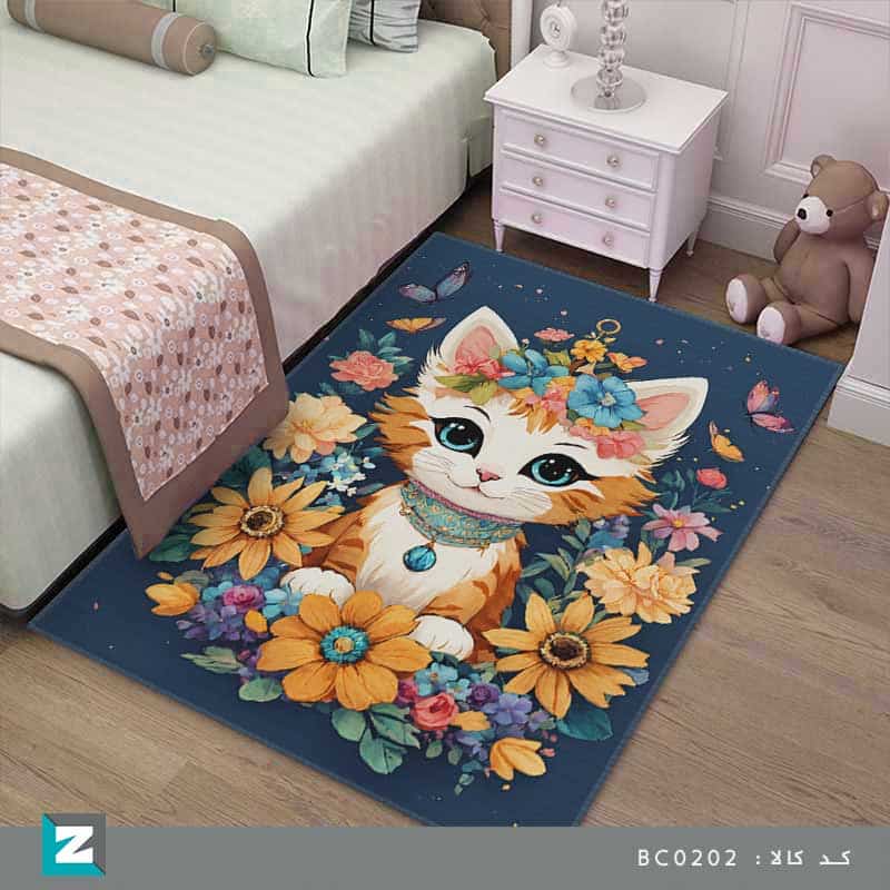 فرش دخترانه با طرح گربه ملوس میان گلها با کیفیت و ارزان