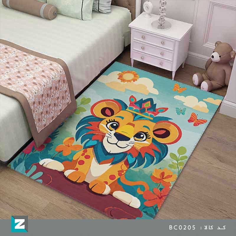 فرش اتاق کودک با طرح بچه شیر با مزه